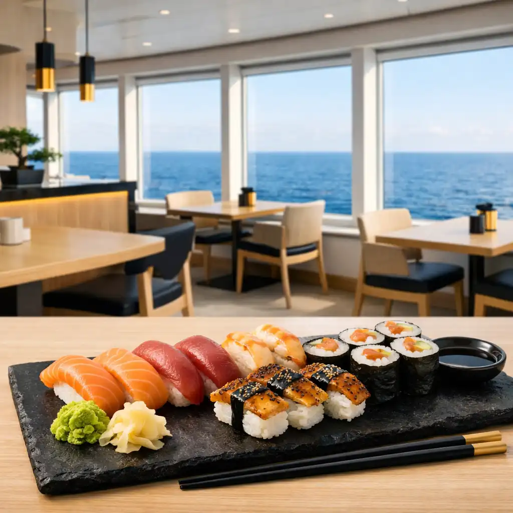 Nowoczesne bistro azjatyckie z widokiem na morze i zestawem sushi na czarnym kamiennym talerzu