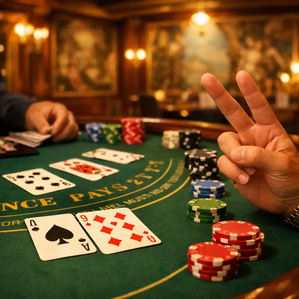 Stół do blackjacka na statku z rozłożonymi kartami i kolorowymi żetonami