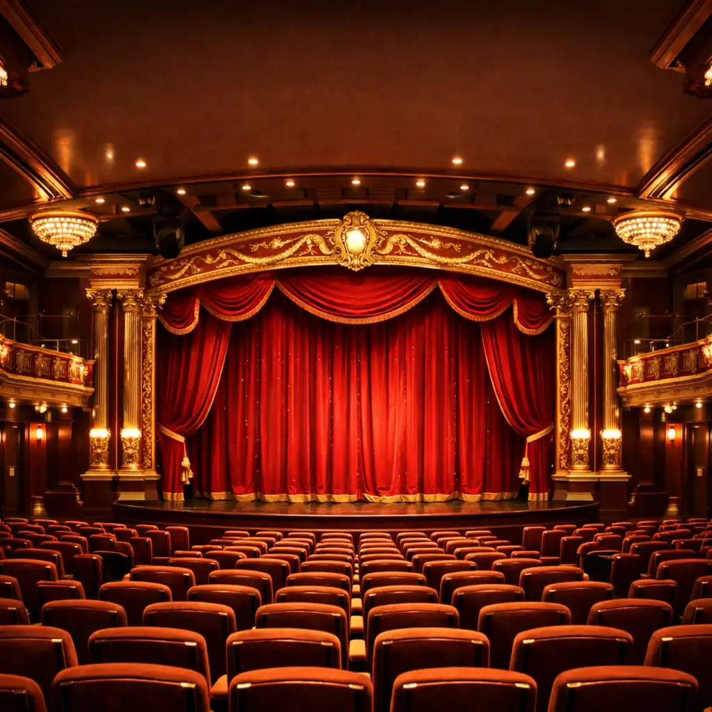 Elegancki teatr na statku wycieczkowym z czerwonymi aksamitnymi zasłonami i złotymi zdobieniami