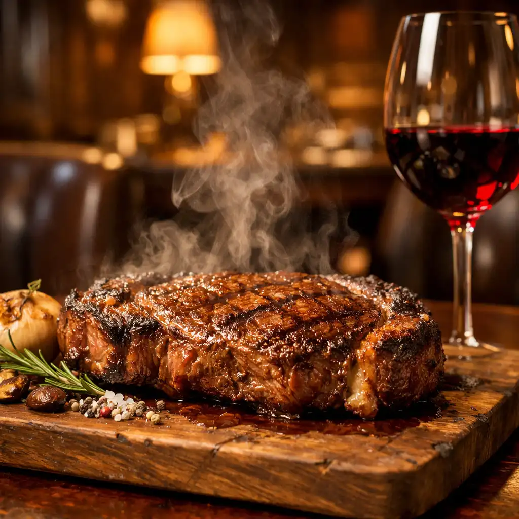 Elegancki steakhouse z ciemnym drewnem, skórzanymi fotelami i stekiem ribeye na desce